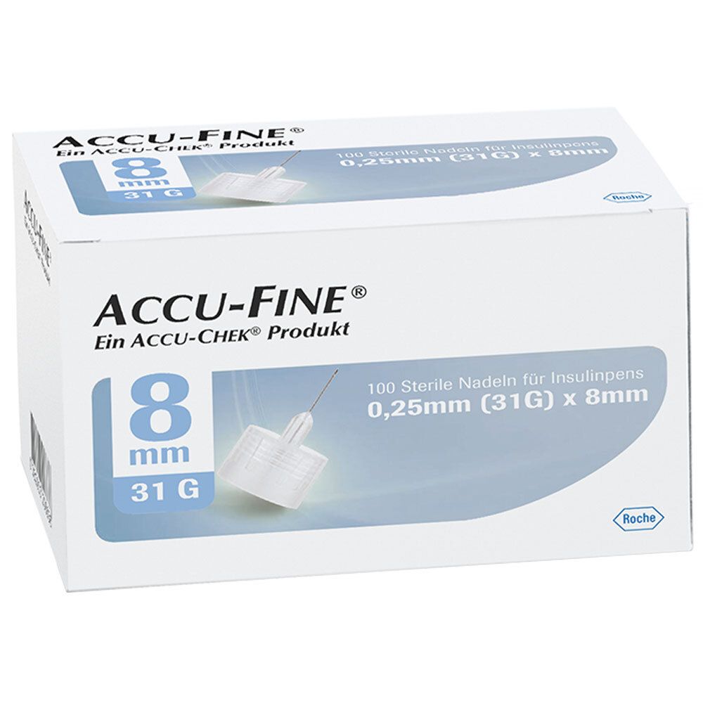 Boîte d'aiguilles ACCU-FINE®. Inscription : 8 mm, 31G, 100 aiguilles stériles. Produit ACCU-CHEK.