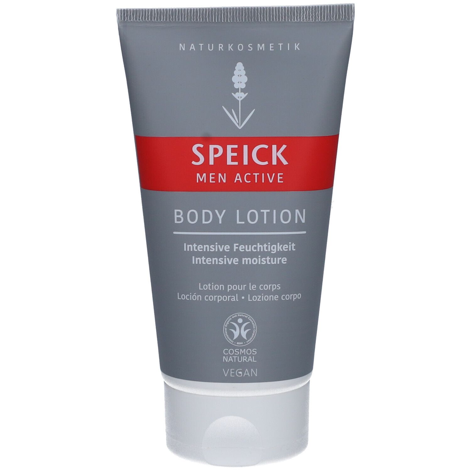 Tube grise SPEICK Men Active Body Lotion. Bande rouge avec texte. Label cosmétique naturel. Vegan.