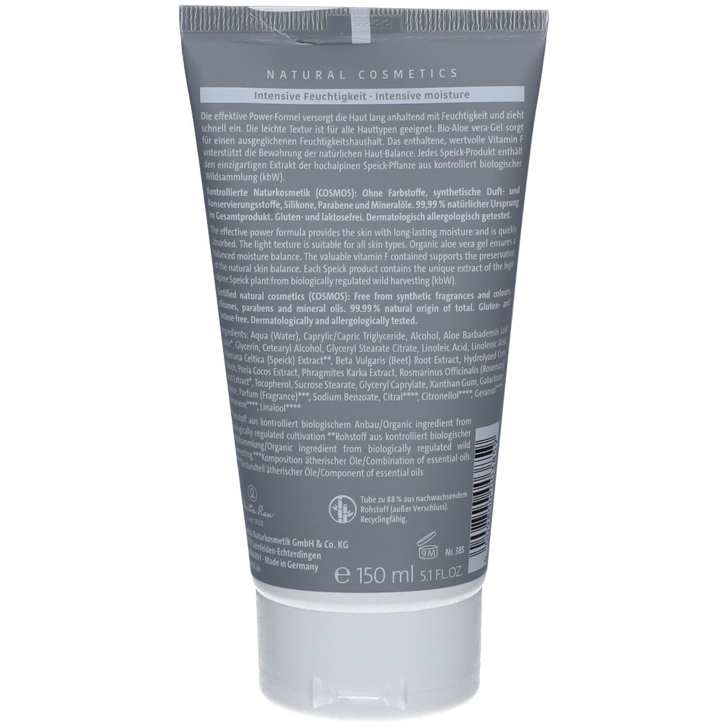 Dos du tube gris SPEICK Men Active Body Lotion. Texte multilingue. Ingrédients et certifications.