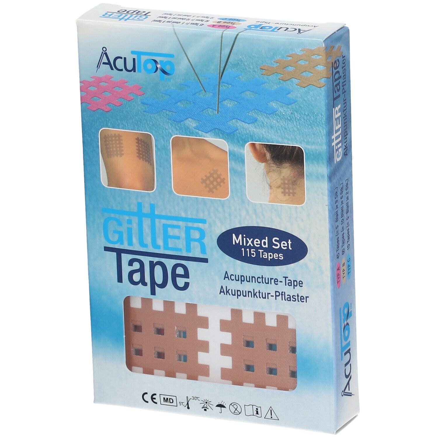 Boîte de pansements d'acupuncture. Marque : AcuTop. Inscription : Gitter Tape, Mixed Set, 115 pansements. Présentation : pansements sur la peau.