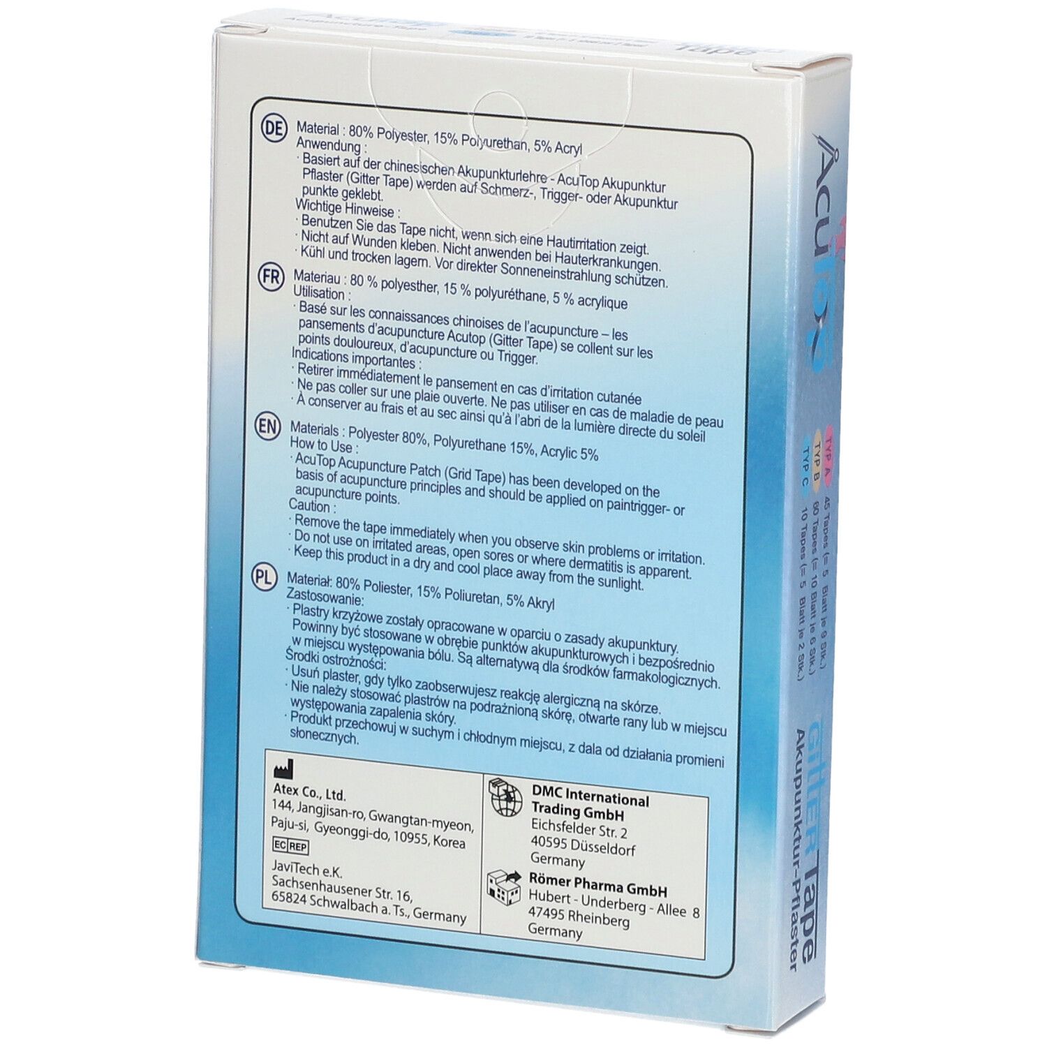 Dos de la boîte avec informations sur le produit. Marque : AcuTop. Texte en allemand, anglais, français et polonais. Marquage CE.