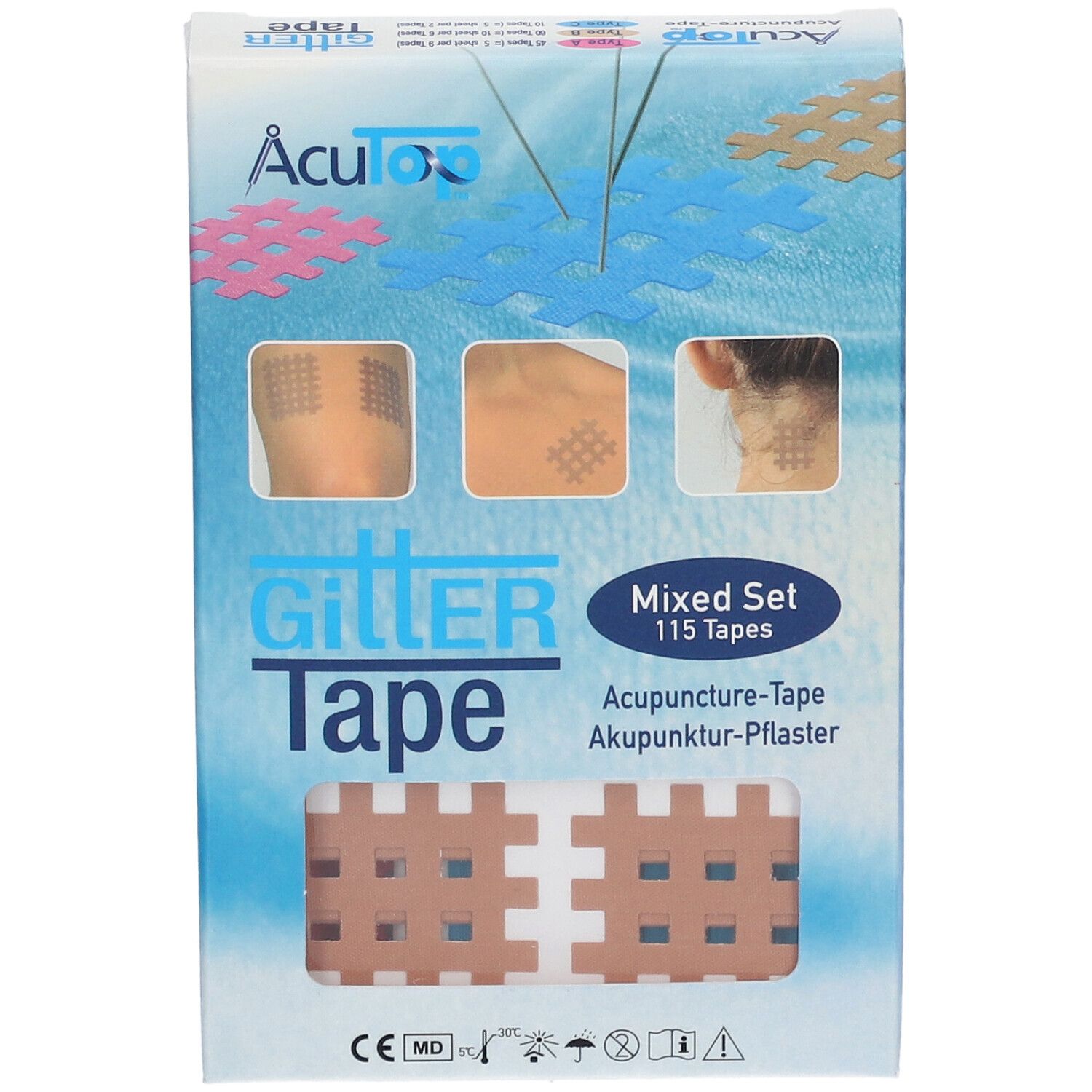 Boîte de pansements d'acupuncture. Marque : AcuTop. Inscription : Gitter Tape, Mixed Set, 115 pansements. Présentation : pansements sur la peau.