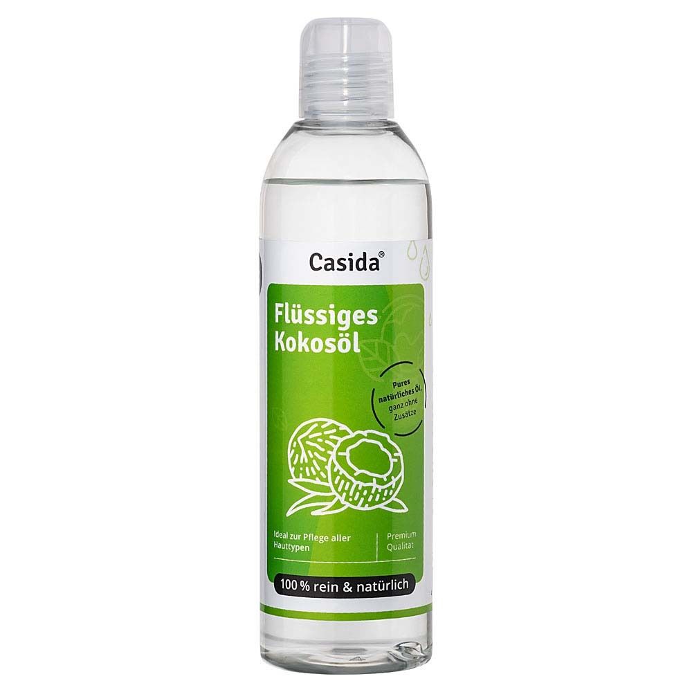 Bouteille transparente avec liquide. Étiquette avec nom et logo du produit. 100% pur & naturel.