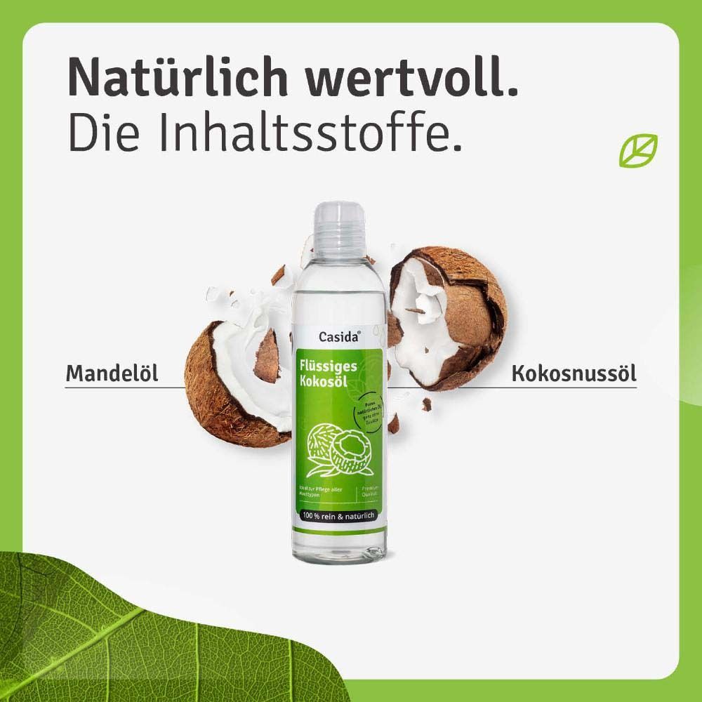 Fond vert avec texte. Huile de coco pure, inodore, non grasse, régénérante, idéale pour les huiles essentielles.