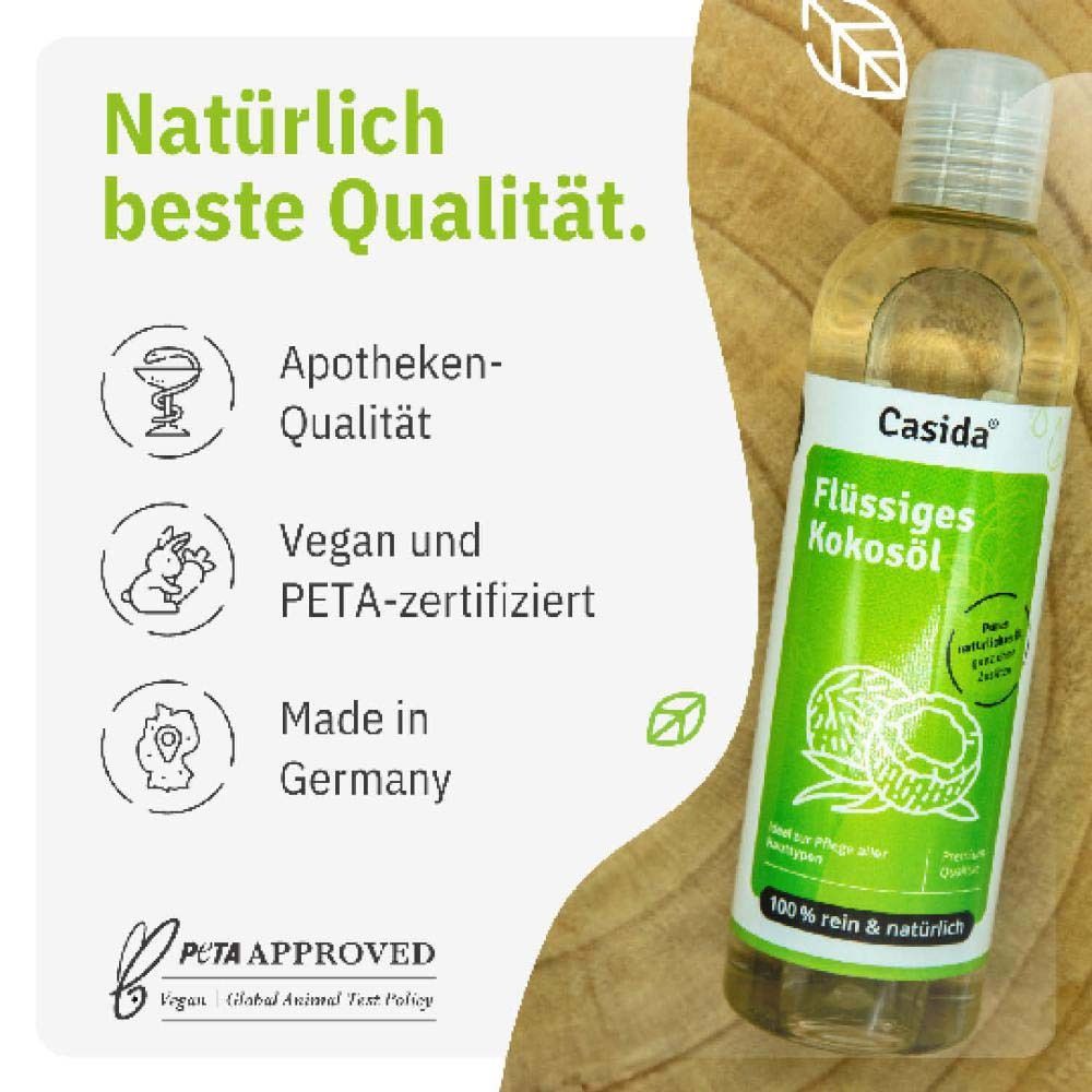 Bouteille d'huile de coco et texte. Qualité pharmacie, végétalien, certifié PETA, Fabriqué en Allemagne. Logo PETA APPROVED.