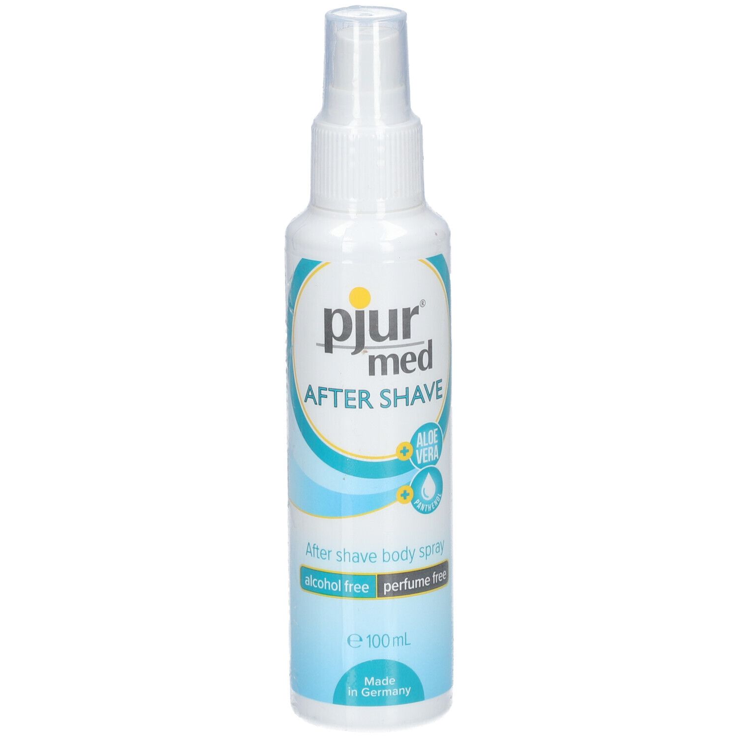 Flacon spray blanc avec graphiques bleus et turquoise. Inscription : pjur med AFTER SHAVE, Aloe Vera, sans alcool, sans parfum.