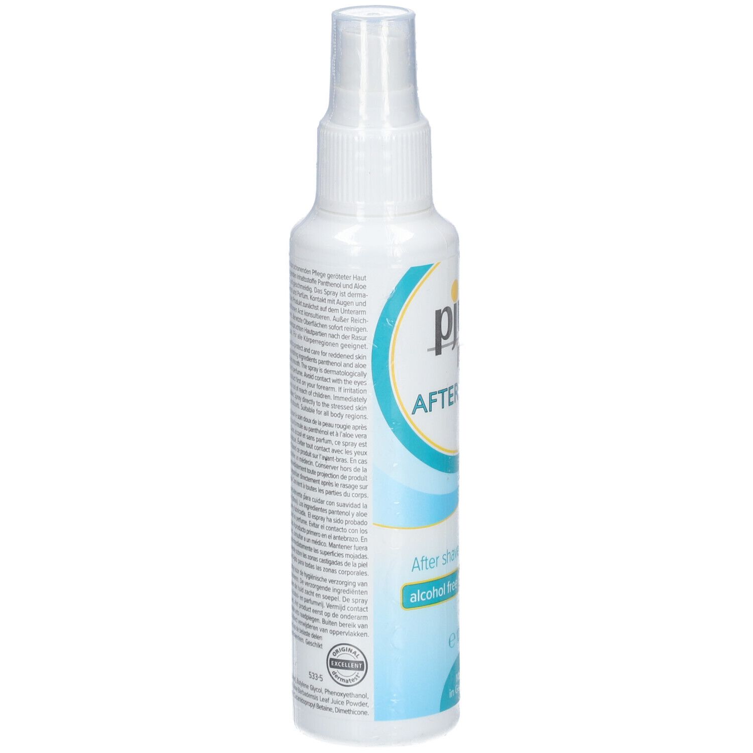 Flacon spray blanc, vue latérale. Texte sur le flacon. Inscription : pjur med AFTER SHAVE, sans alcool, 100ml.