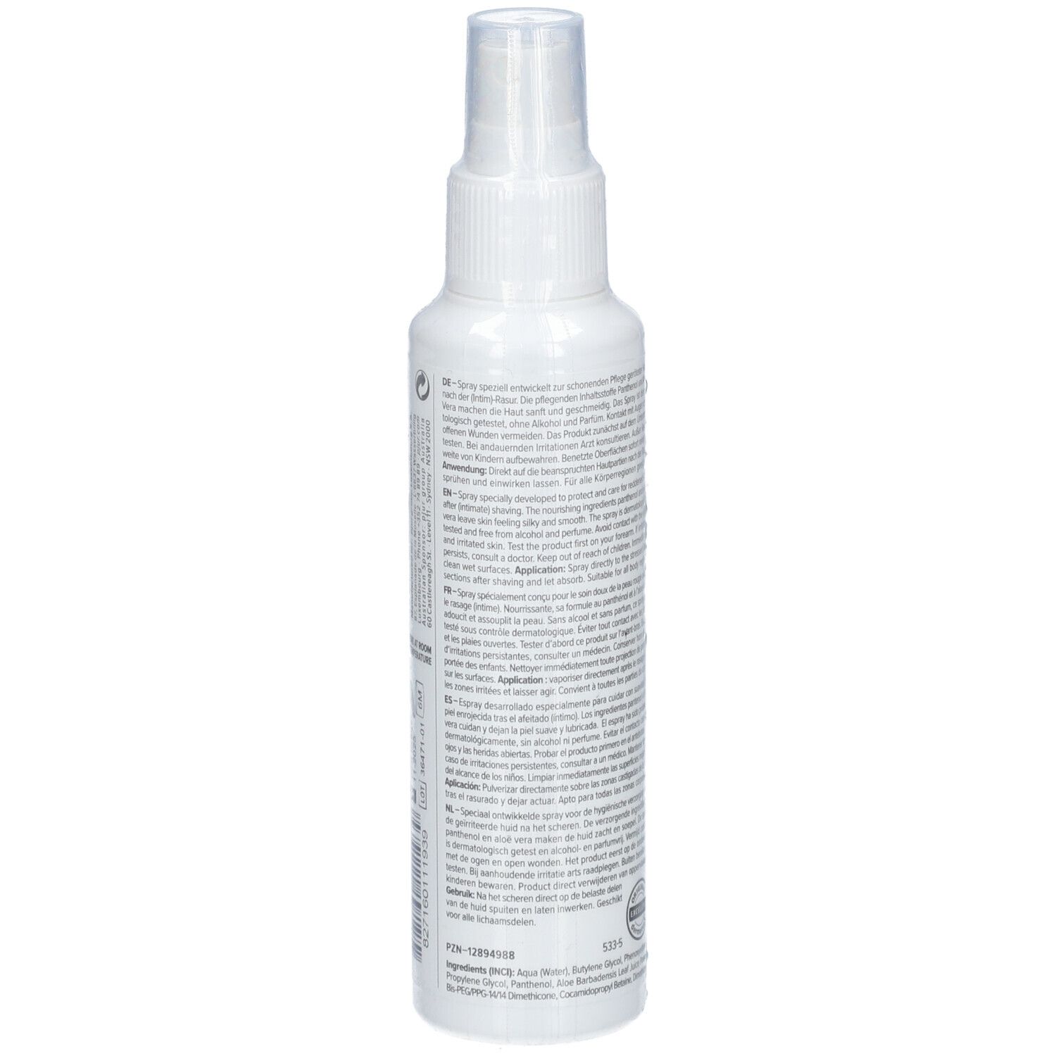 Flacon spray blanc, vue arrière. Texte sur le flacon. Inscription : pjur med AFTER SHAVE, 100ml.
