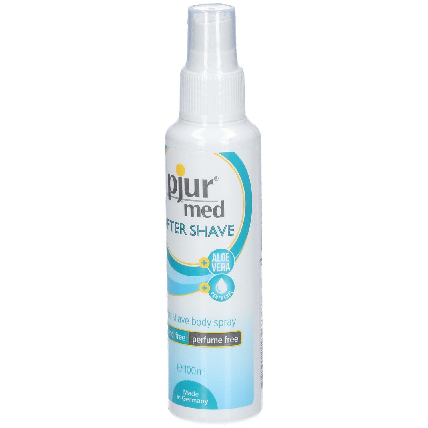 Flacon spray blanc avec graphiques bleus et turquoise. Inscription : pjur med AFTER SHAVE, Aloe Vera, sans alcool, sans parfum.