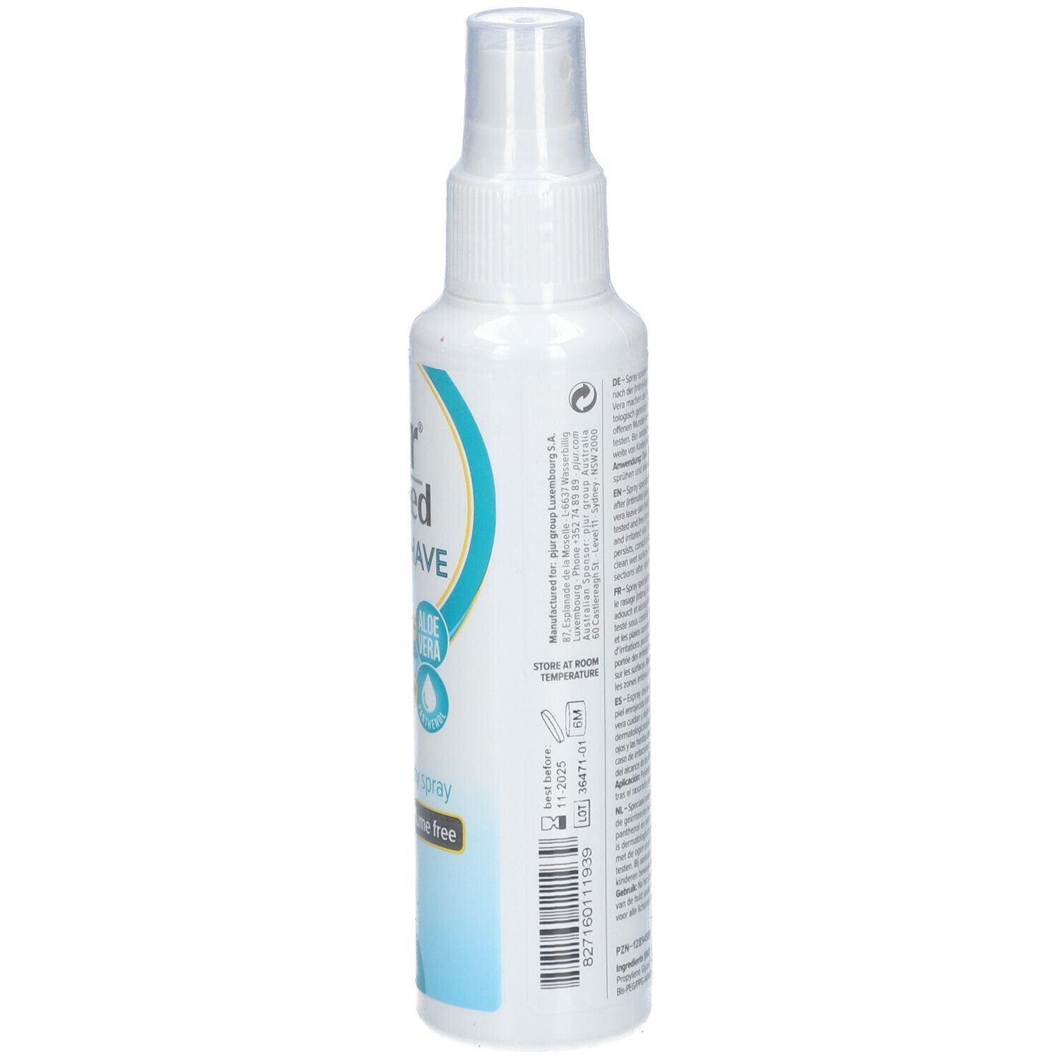 Flacon spray blanc, vue latérale. Texte sur le flacon. Inscription : pjur med AFTER SHAVE, 100ml.