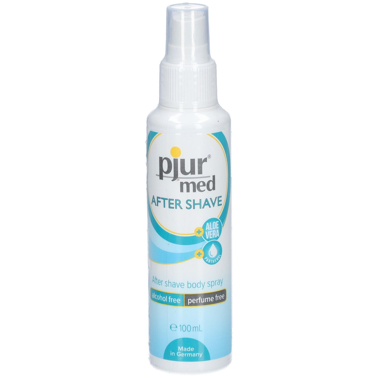 Flacon spray blanc avec graphiques bleus et turquoise. Inscription : pjur med AFTER SHAVE, Aloe Vera, sans alcool, sans parfum.