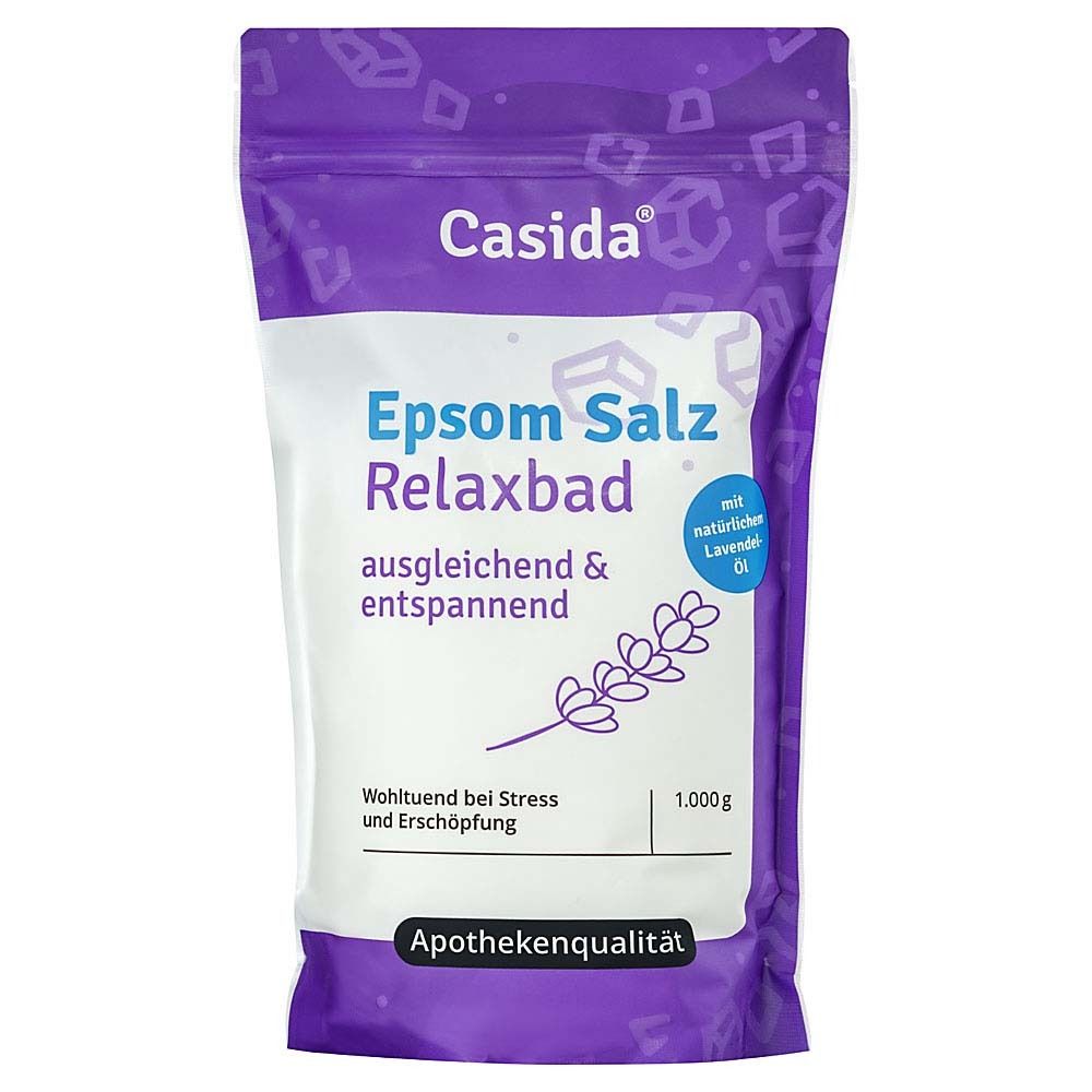 Sachet violet avec étiquette blanche. Epsom Salz Relaxbad, équilibrant et relaxant. Qualité pharmacie. Illustration de lavande.