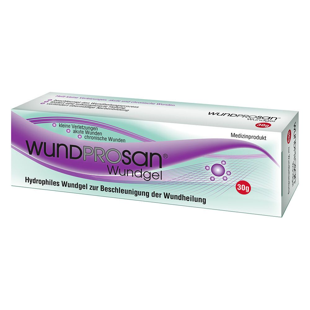 Emballage de WundProsan Wundgel. Boîte blanche avec motif ondulé violet et nom du produit. Indication 30g.