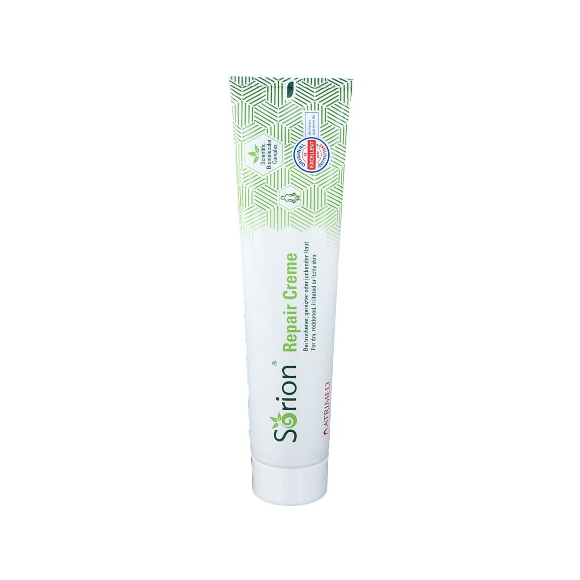 Tube de crème Sorion Repair Creme, motif vert. Logo et sceau. Pour peau sèche et irritée.