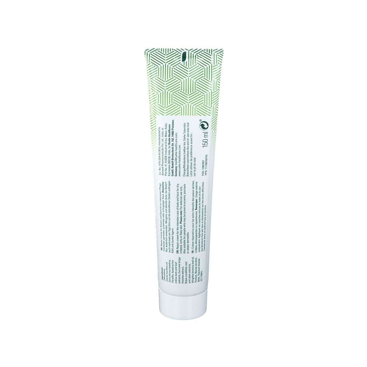 Dos du tube de crème avec texte et motifs verts. Informations sur le produit et le fabricant.