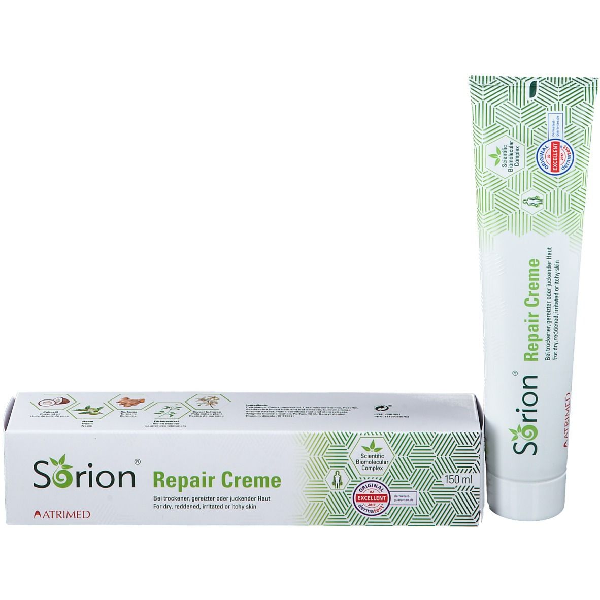 Boîte et tube Sorion Repair Creme. Boîte avec logo, texte et sceau. Tube avec motif vert.