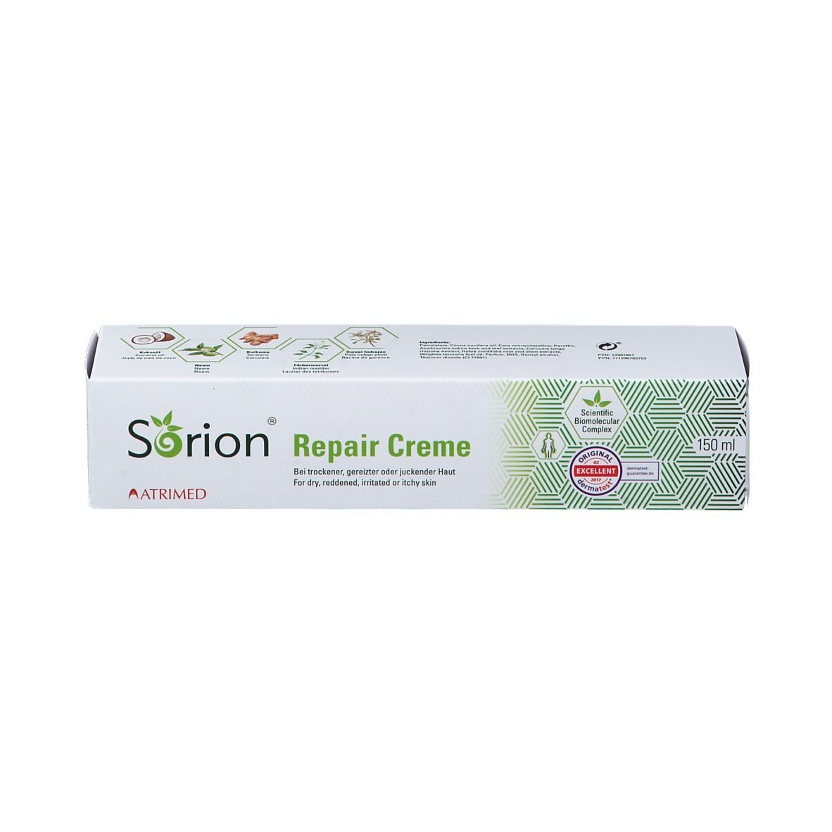 Boîte Sorion Repair Creme. Logo, texte et sceau. Pour peau sèche et irritée. Motifs verts.