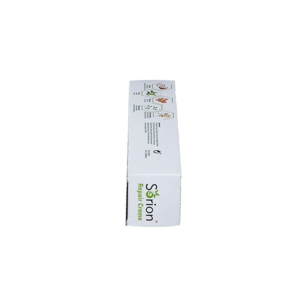 Boîte Sorion Repair Creme, vue latérale. Logo, texte et motifs verts. Pour peau sèche et irritée.