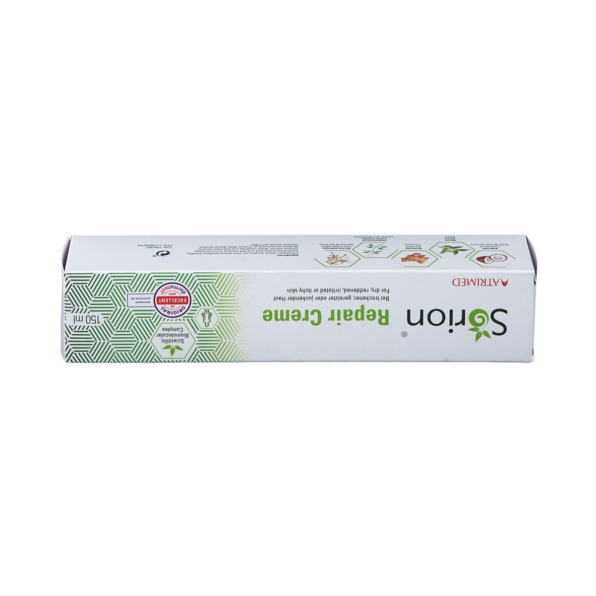 Boîte Sorion Repair Creme. Logo, texte et sceau. Pour peau sèche et irritée. Motifs verts.