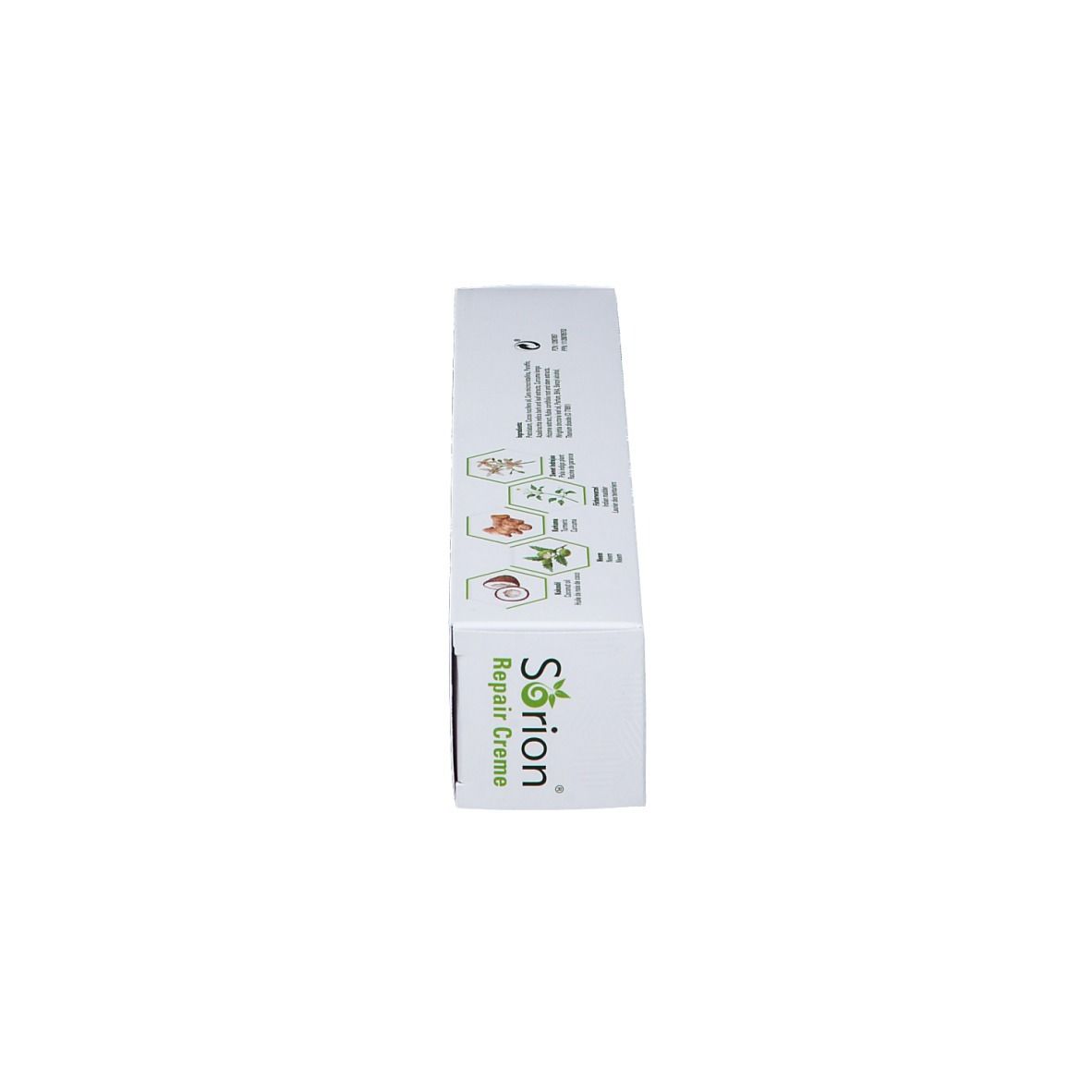 Boîte Sorion Repair Creme, vue latérale. Logo, texte et motifs verts. Pour peau sèche et irritée.