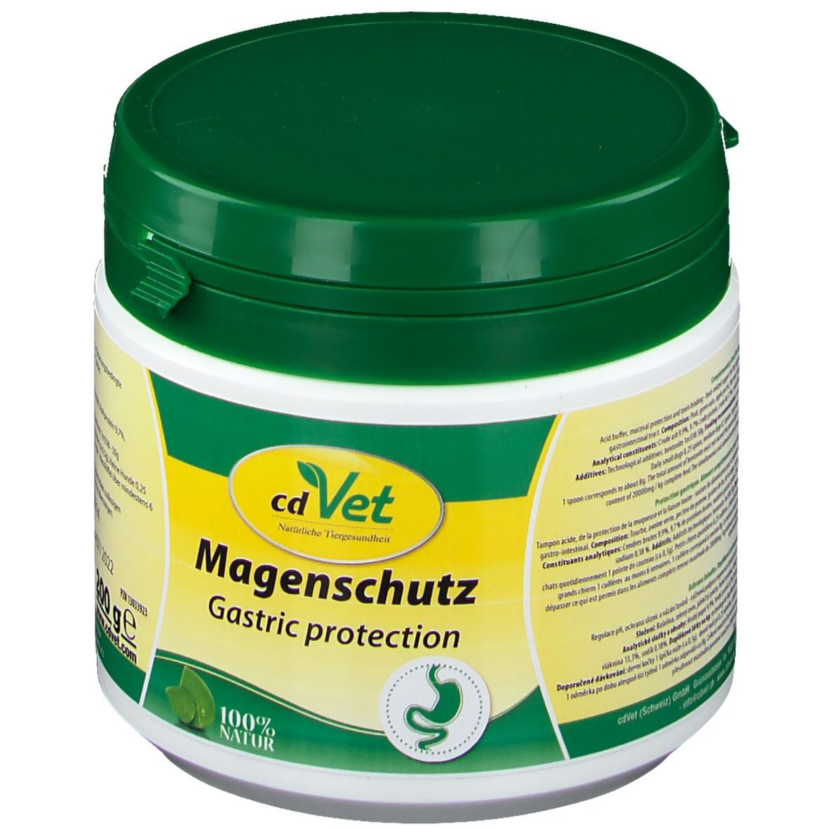 Récipient blanc avec couvercle vert. Inscription : cdVet Magenschutz, protection gastrique. Logo : symbole d'estomac. 100% naturel.