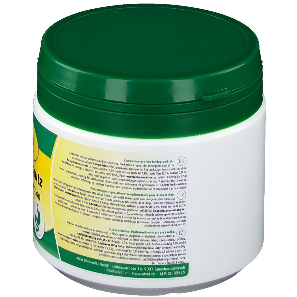 Récipient blanc avec couvercle vert. Dos avec texte en plusieurs langues. Inscription : aliment complémentaire pour chiens et chats.