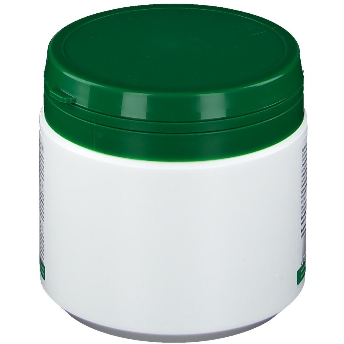 Récipient blanc avec couvercle vert. Surface latérale vide. Petit autocollant vert.