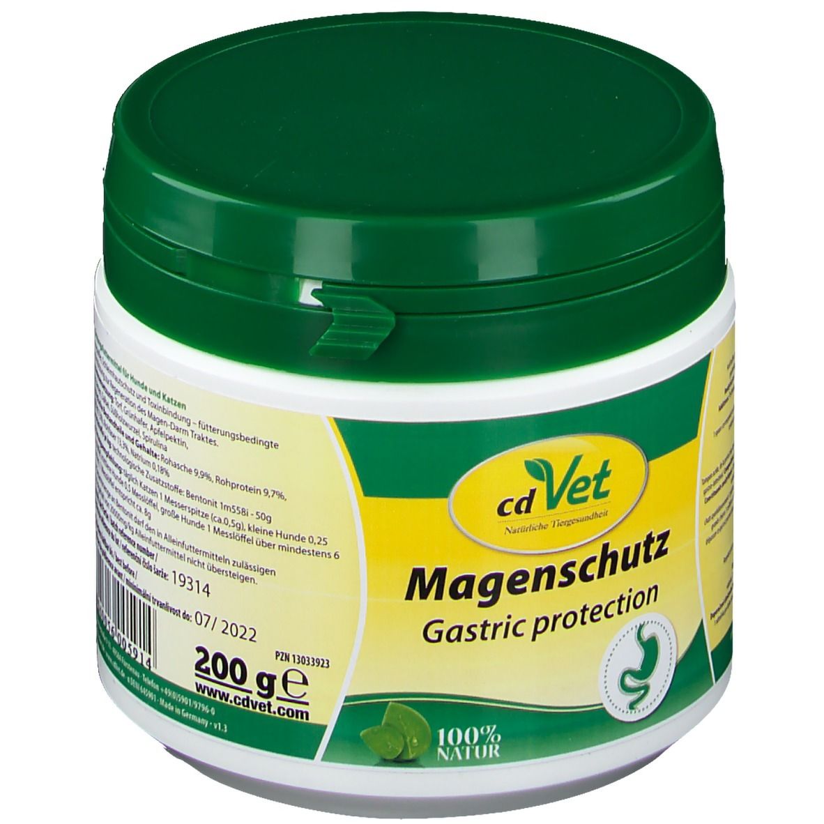 Récipient blanc avec couvercle vert. Inscription : cdVet Magenschutz, protection gastrique. Logo : symbole d'estomac. 100% naturel. 200g.