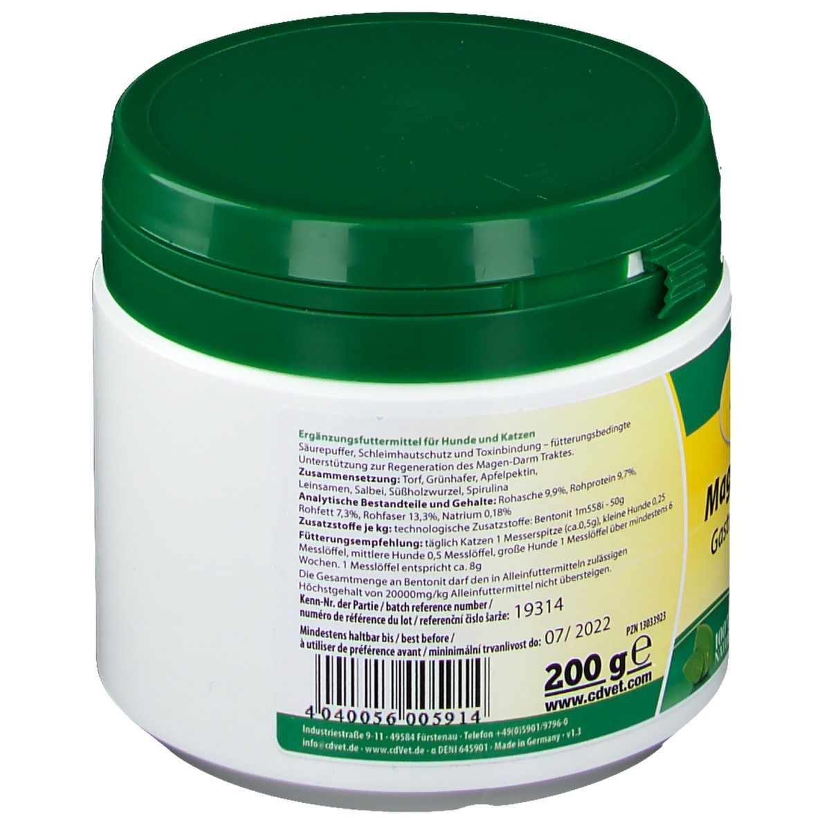 Récipient blanc avec couvercle vert. Dos avec texte et code-barres. Inscription : aliment complémentaire pour chiens et chats. 200g.