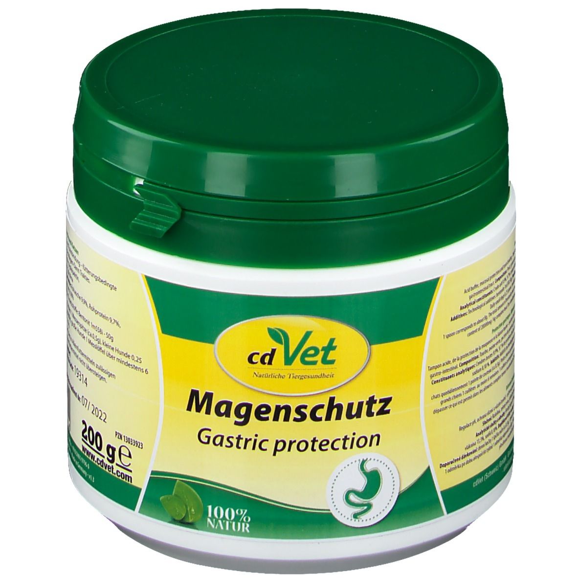 Récipient blanc avec couvercle vert. Inscription : cdVet Magenschutz, protection gastrique. Logo : symbole d'estomac. 100% naturel.