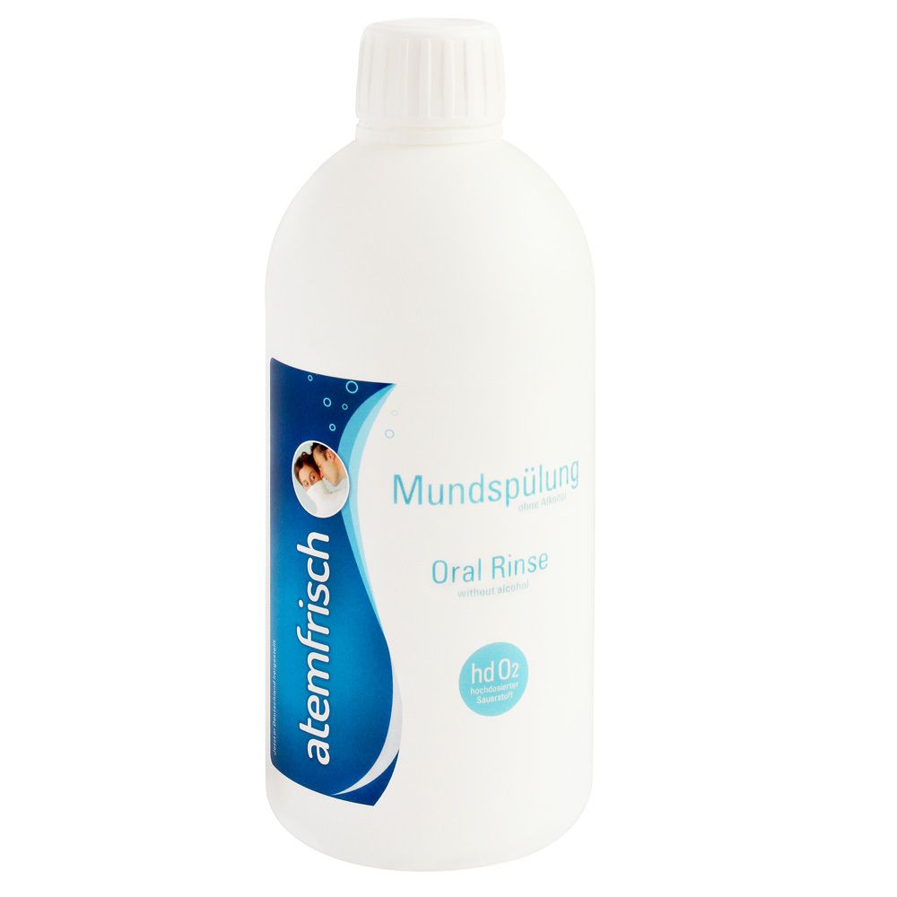 Flacon blanc avec étiquette bleue. Inscription : atemfrisch, Mundspülung, Oral Rinse, hd O2.