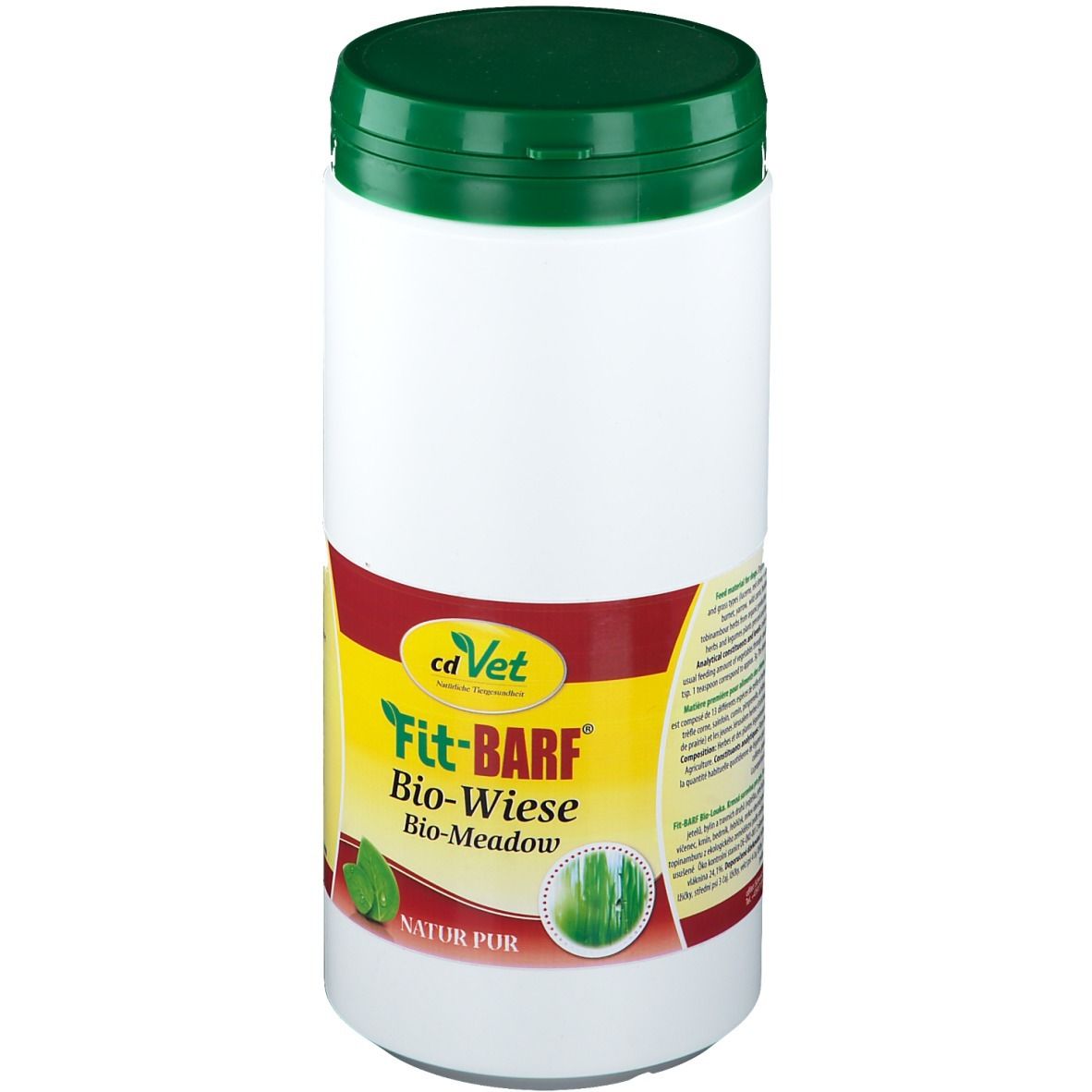Boîte blanche avec couvercle vert. Autocollant avec fond jaune et inscription Fit-BARF Bio-Wiese. Marque cdVet.