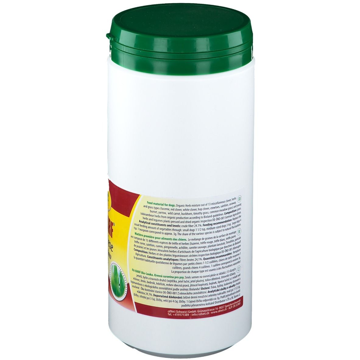 Boîte blanche avec couvercle vert. Texte au dos, contenant des informations sur les ingrédients et les valeurs nutritionnelles.