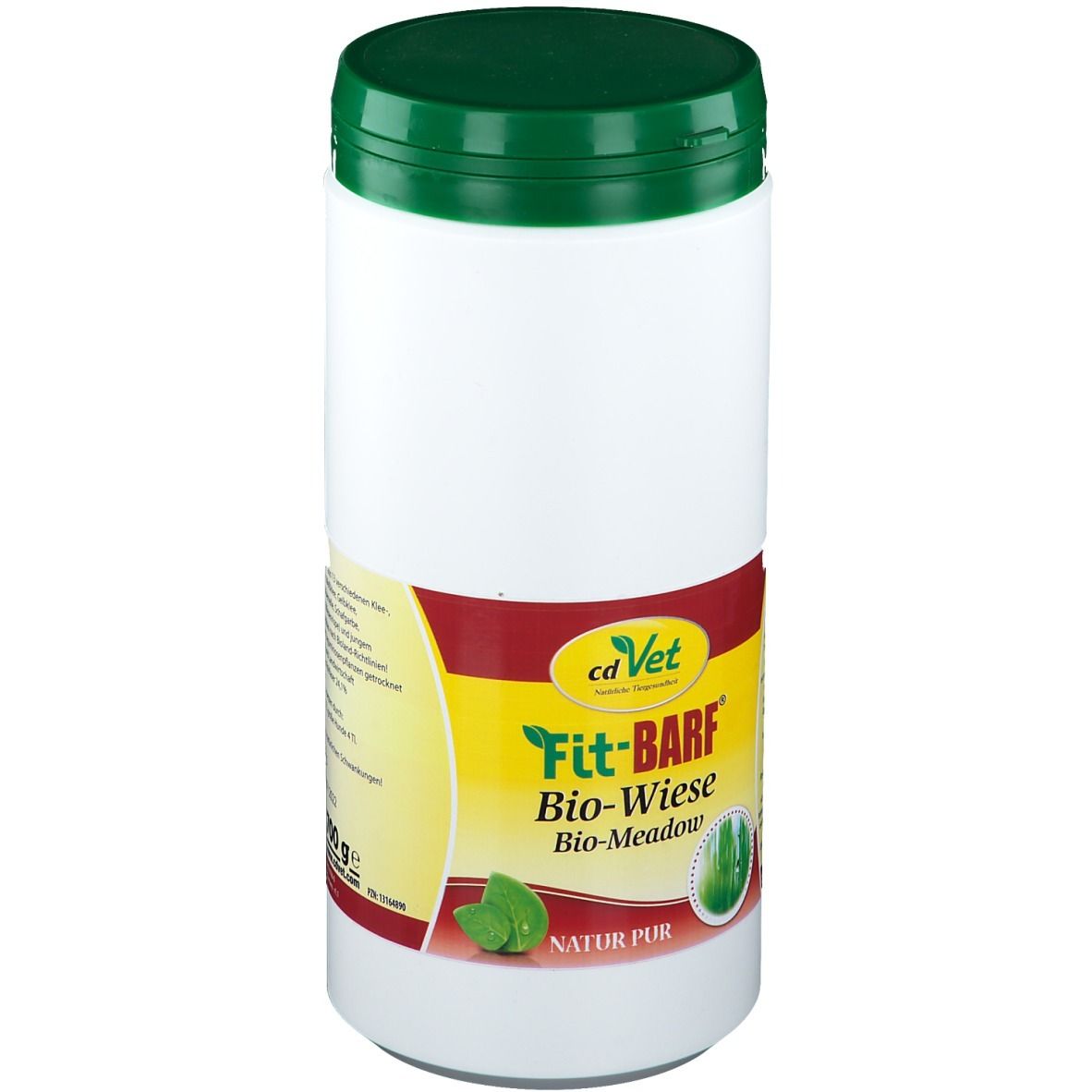 Boîte blanche avec couvercle vert. Autocollant avec fond jaune et inscription Fit-BARF Bio-Wiese. Marque cdVet.