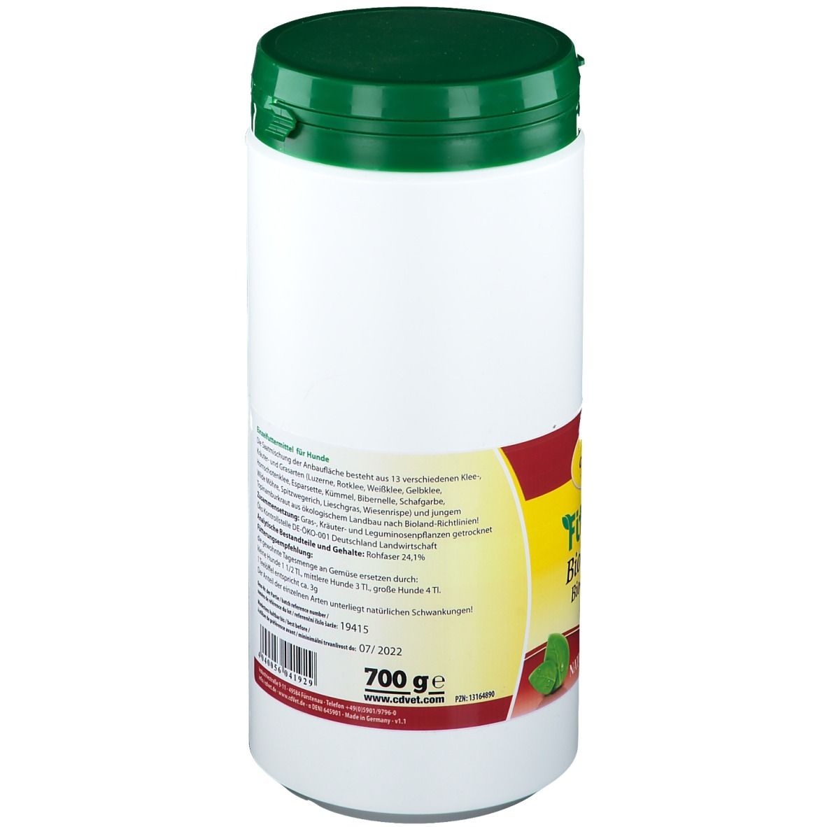 Boîte blanche avec couvercle vert. Autocollant avec fond jaune et inscription Fit-BARF Bio-Wiese. Marque cdVet. 700g.