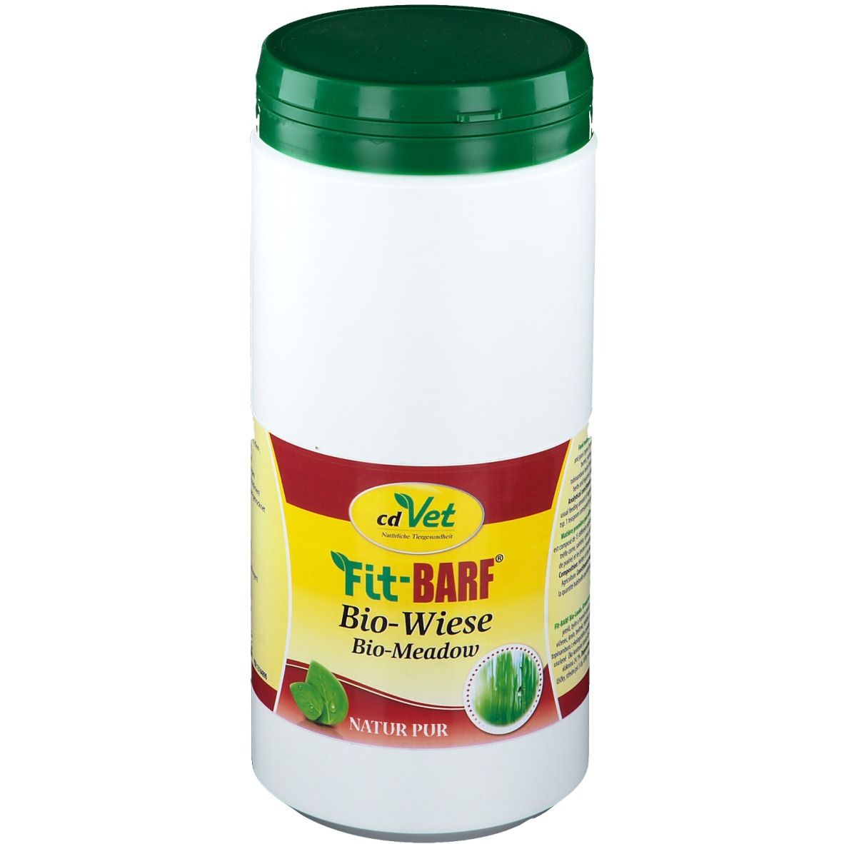 Boîte blanche avec couvercle vert. Autocollant avec fond jaune et inscription Fit-BARF Bio-Wiese. Marque cdVet.