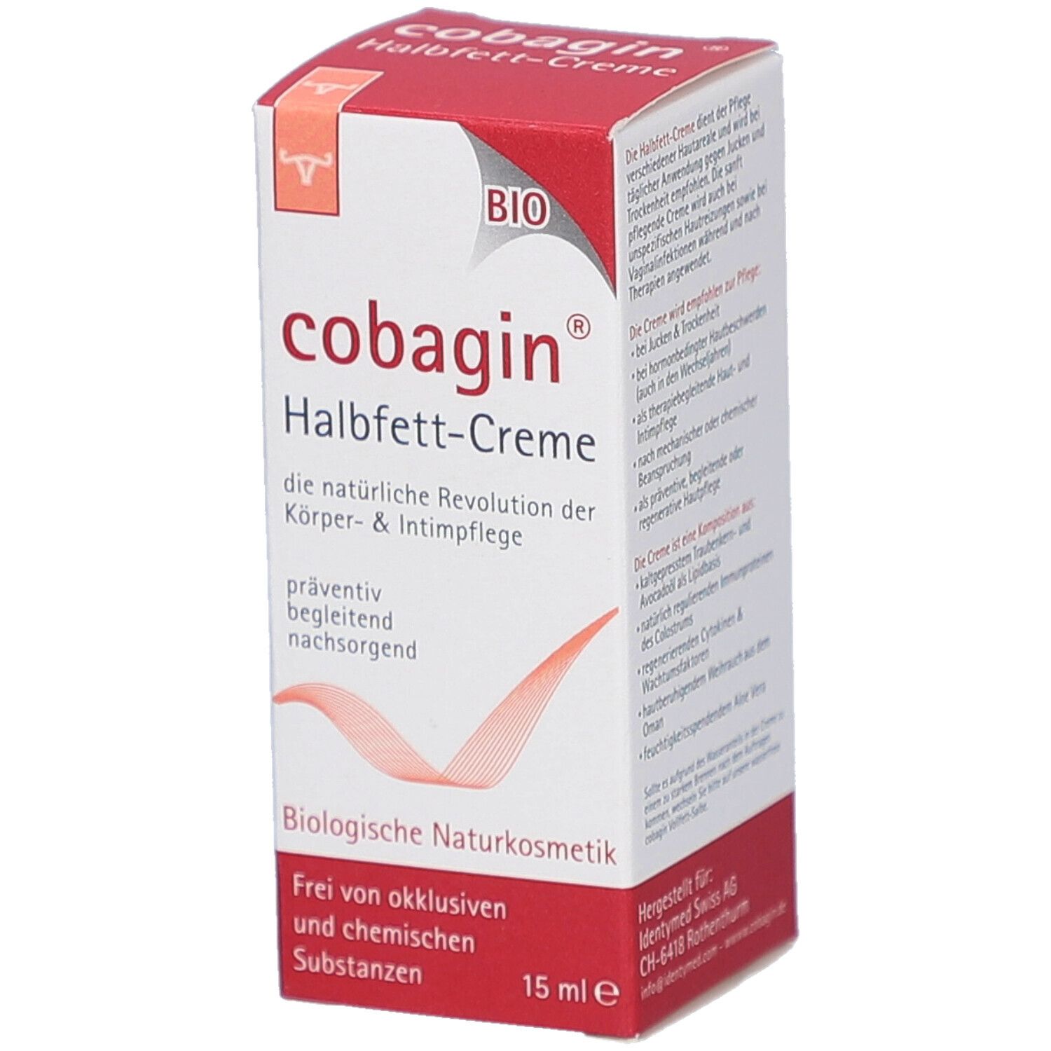 Emballage de COBAGIN Halbfett-Creme. Boîte rouge et blanche avec nom du produit et label Bio. 15 ml.