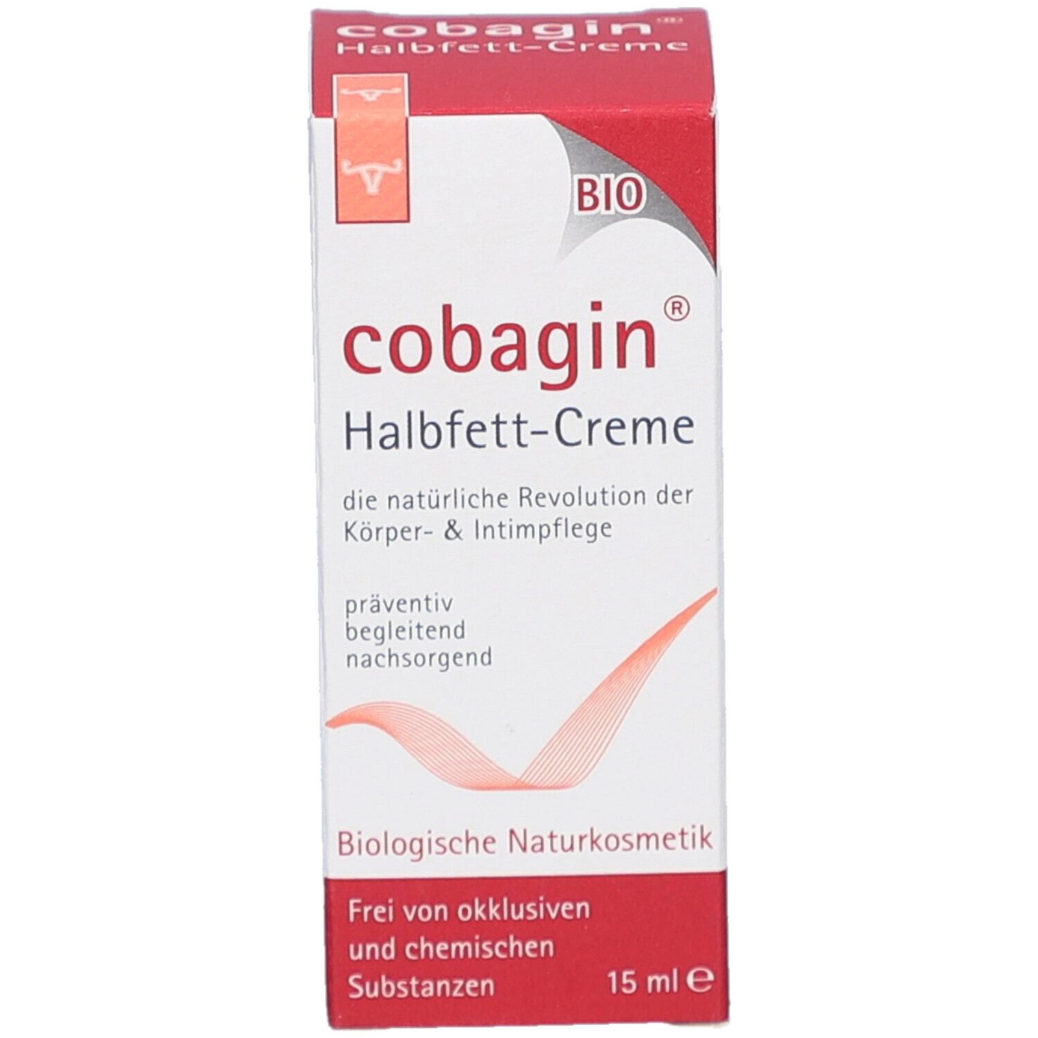 Emballage COBAGIN Halbfett-Creme. Vue avant de la boîte avec nom du produit et label Bio. 15 ml.