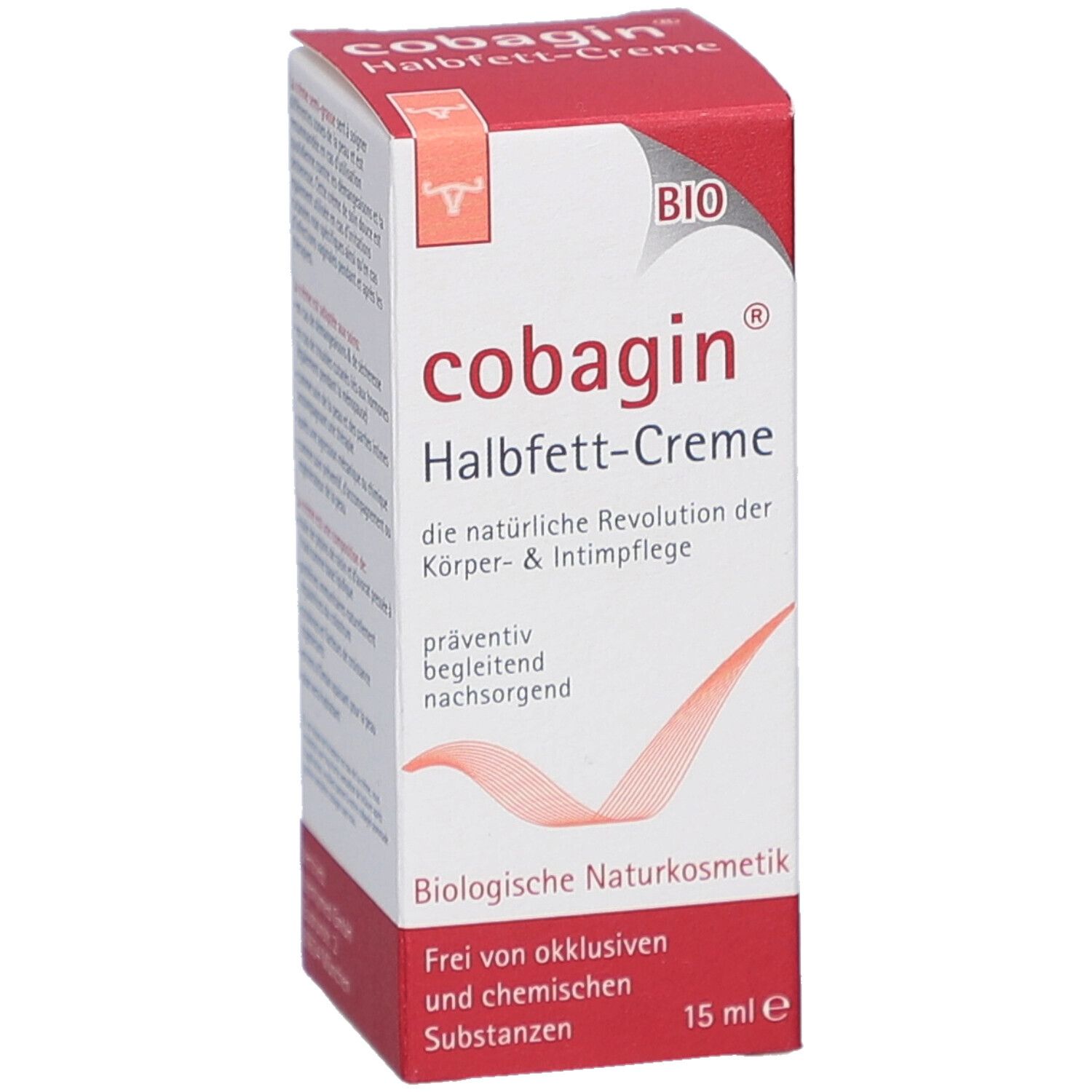 Emballage COBAGIN Halbfett-Creme. Vue avant de la boîte avec nom du produit et label Bio. 15 ml.
