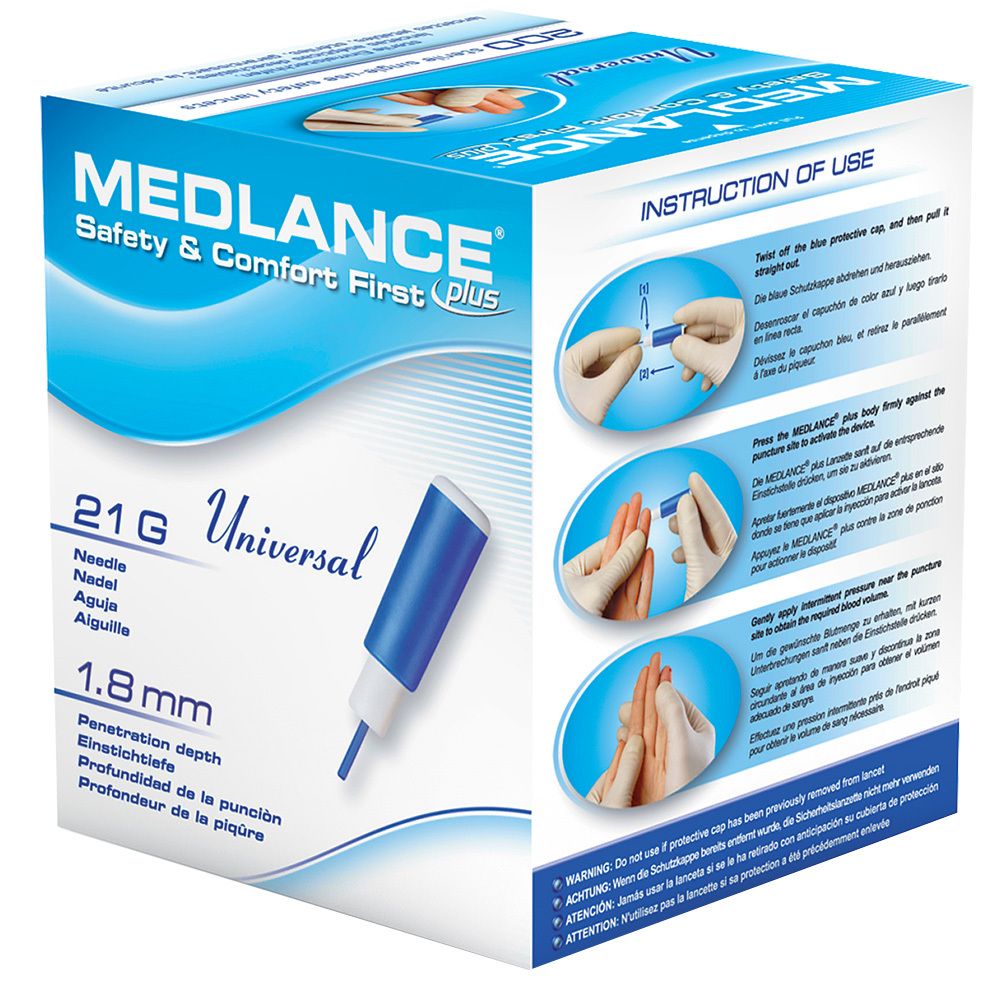 Boîte de lancettes MEDLANCE plus Universal. Lancette bleue, 21G, 1,8 mm. Instructions d'utilisation.