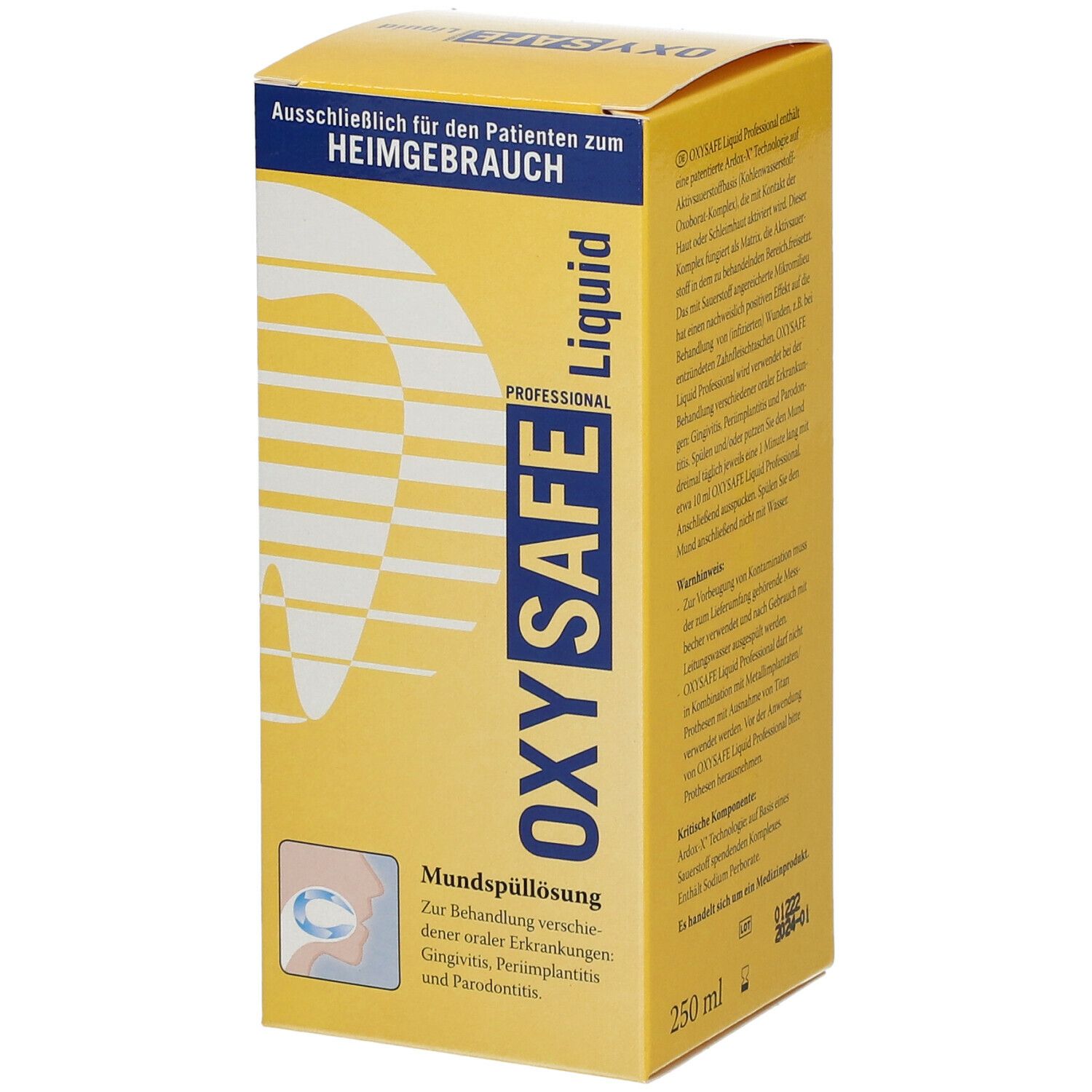 Emballage jaune Oxysafe Liquid. Inscription: Oxysafe Liquid, bain de bouche, pour gingivite, péri-implantite et parodontite.