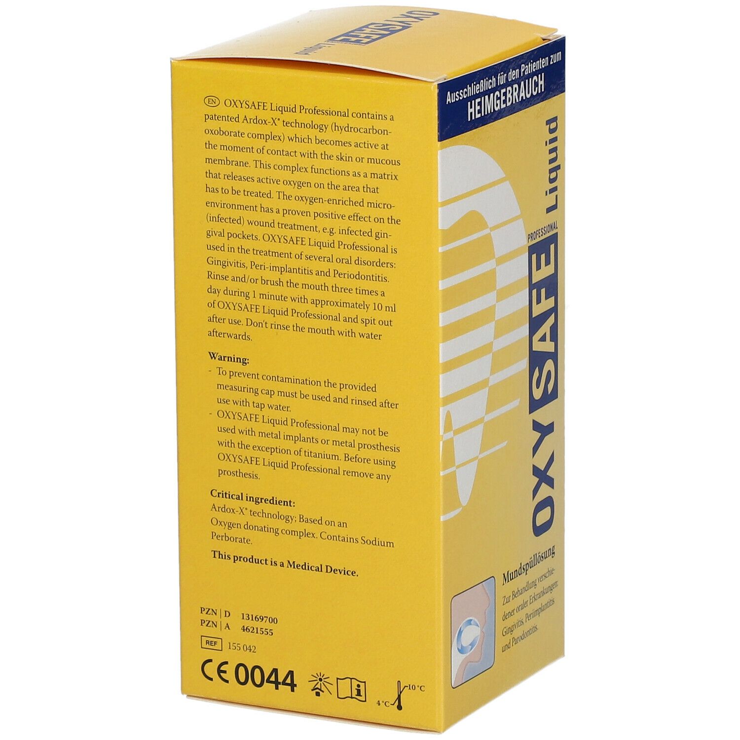 Emballage jaune Oxysafe Liquid. Texte: Oxysafe Liquid Professional contient une technologie brevetée Arlox-X. Dispositif médical.
