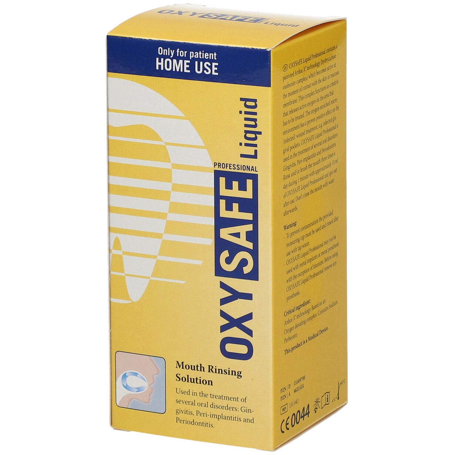 Emballage jaune Oxysafe Liquid. Inscription: Pour usage à domicile. Bain de bouche. Marquage CE.