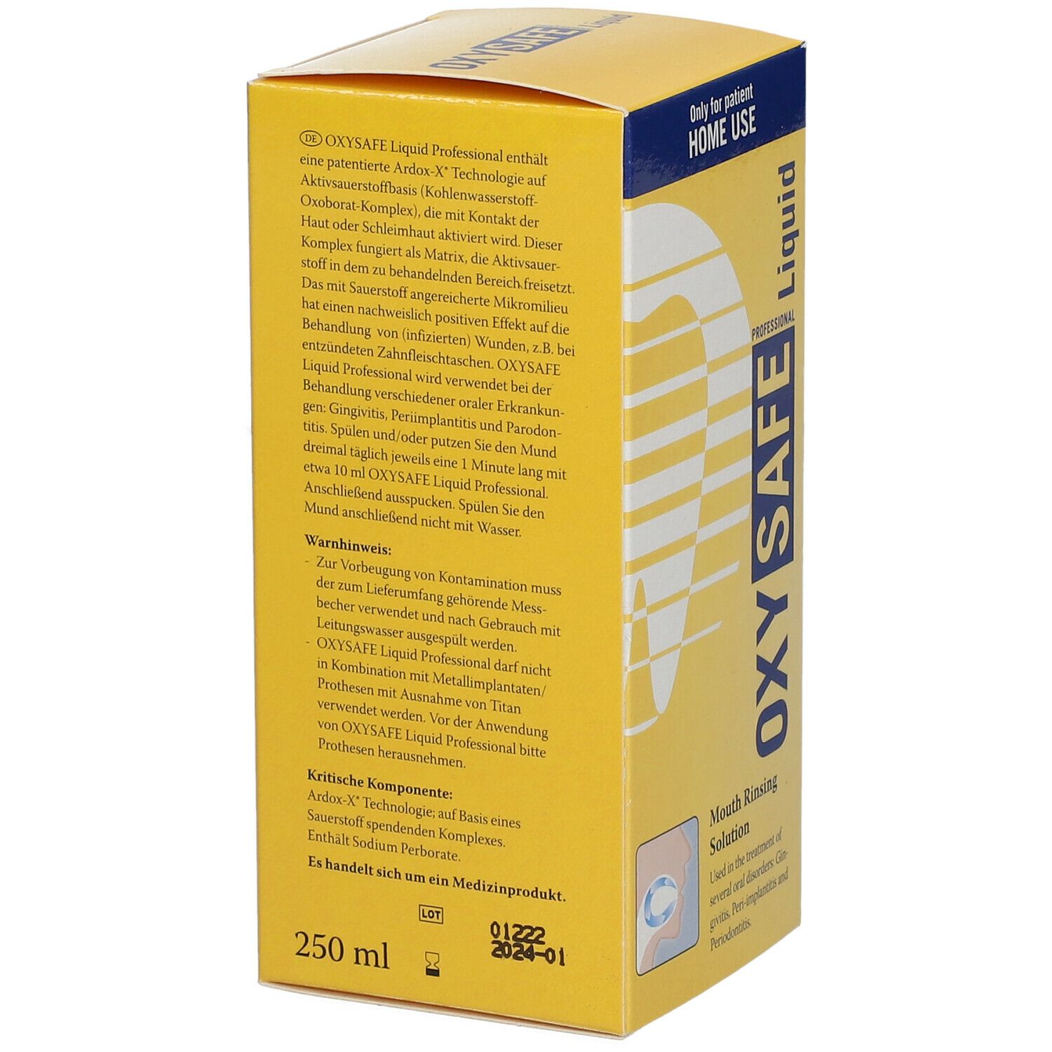 Emballage jaune Oxysafe Liquid. Texte: 250 ml. Dispositif médical. Inscription: Pour usage à domicile.
