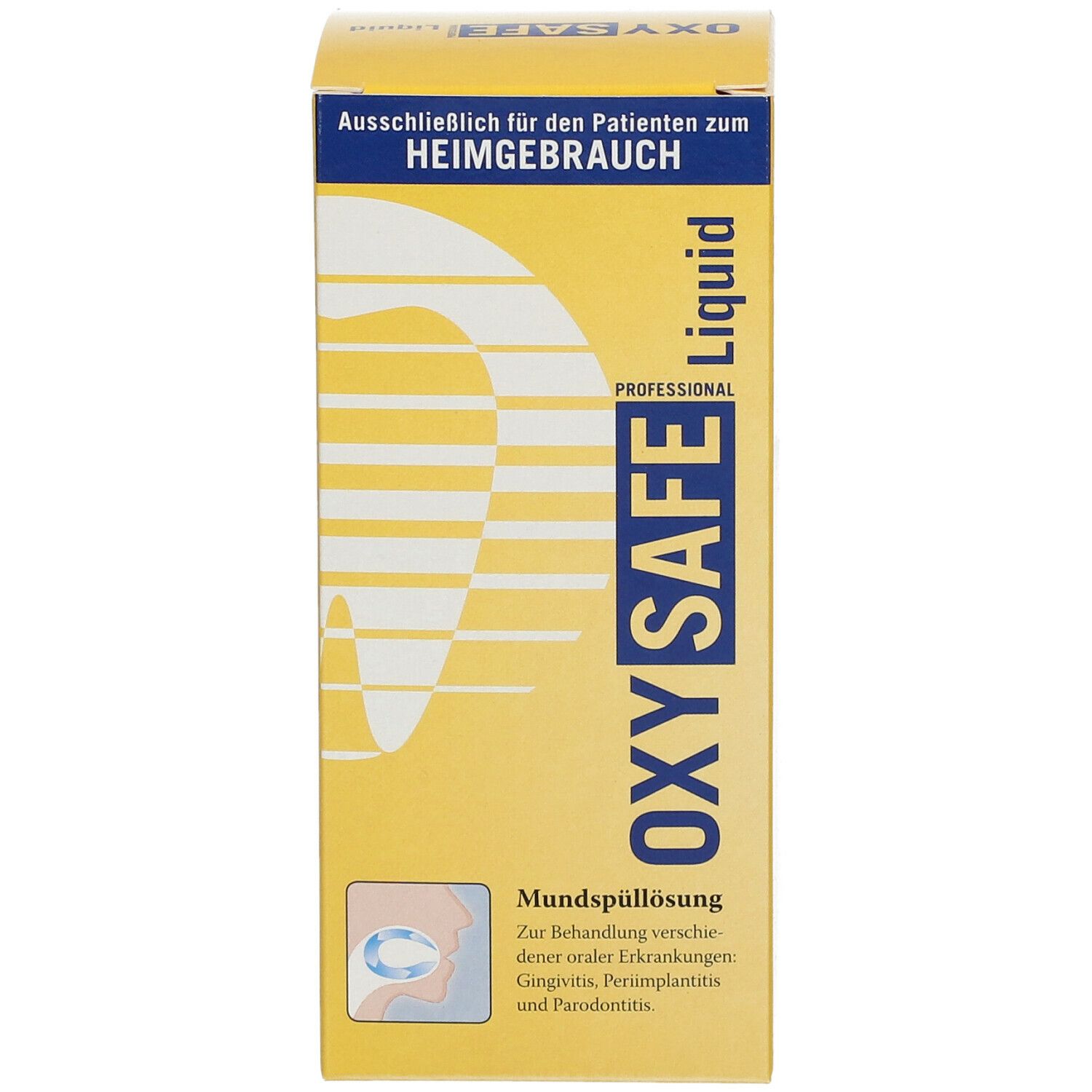 Emballage jaune Oxysafe Liquid. Inscription: Oxysafe Liquid, bain de bouche, pour gingivite, péri-implantite et parodontite.