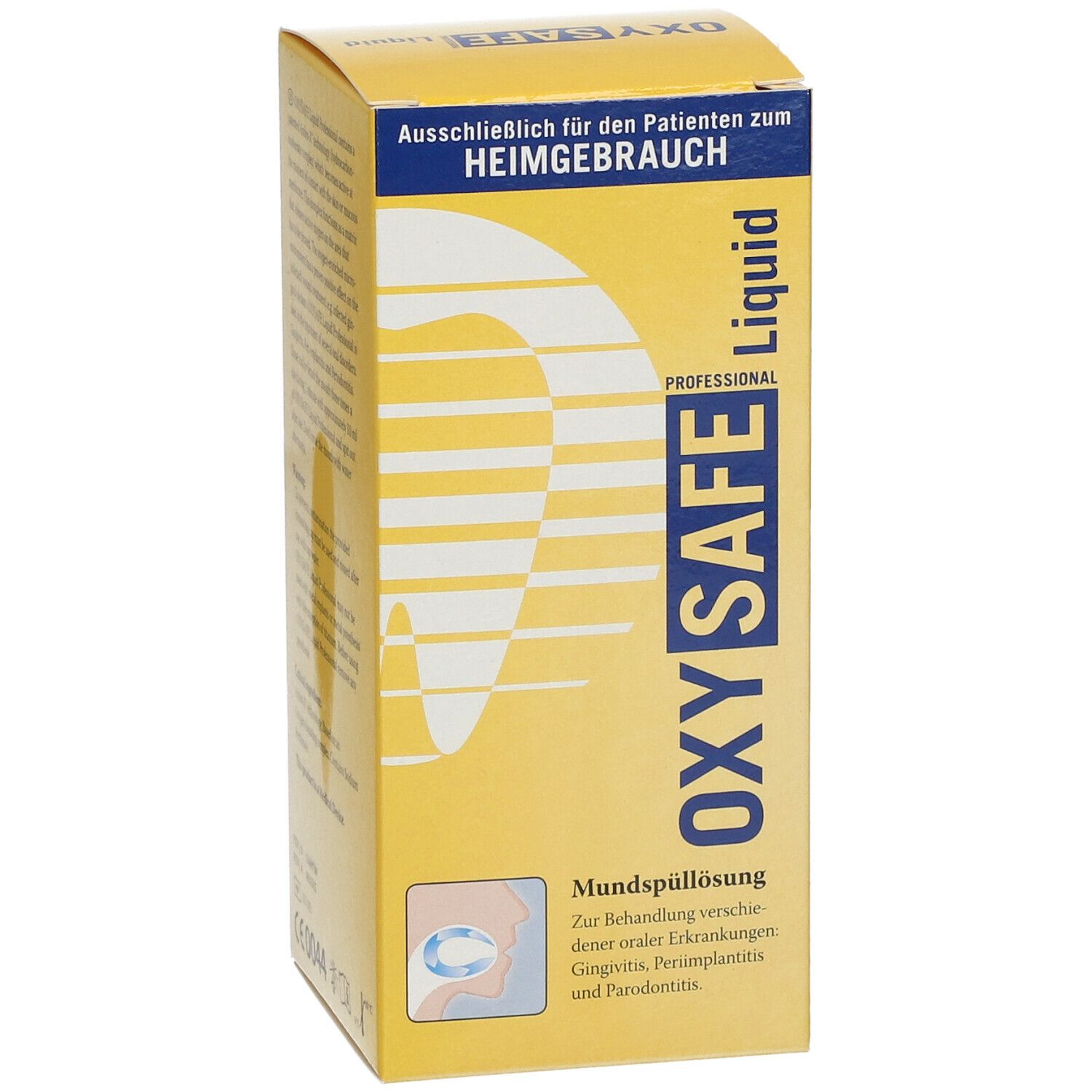 Emballage jaune Oxysafe Liquid. Inscription: Oxysafe Liquid, bain de bouche, pour gingivite, péri-implantite et parodontite.