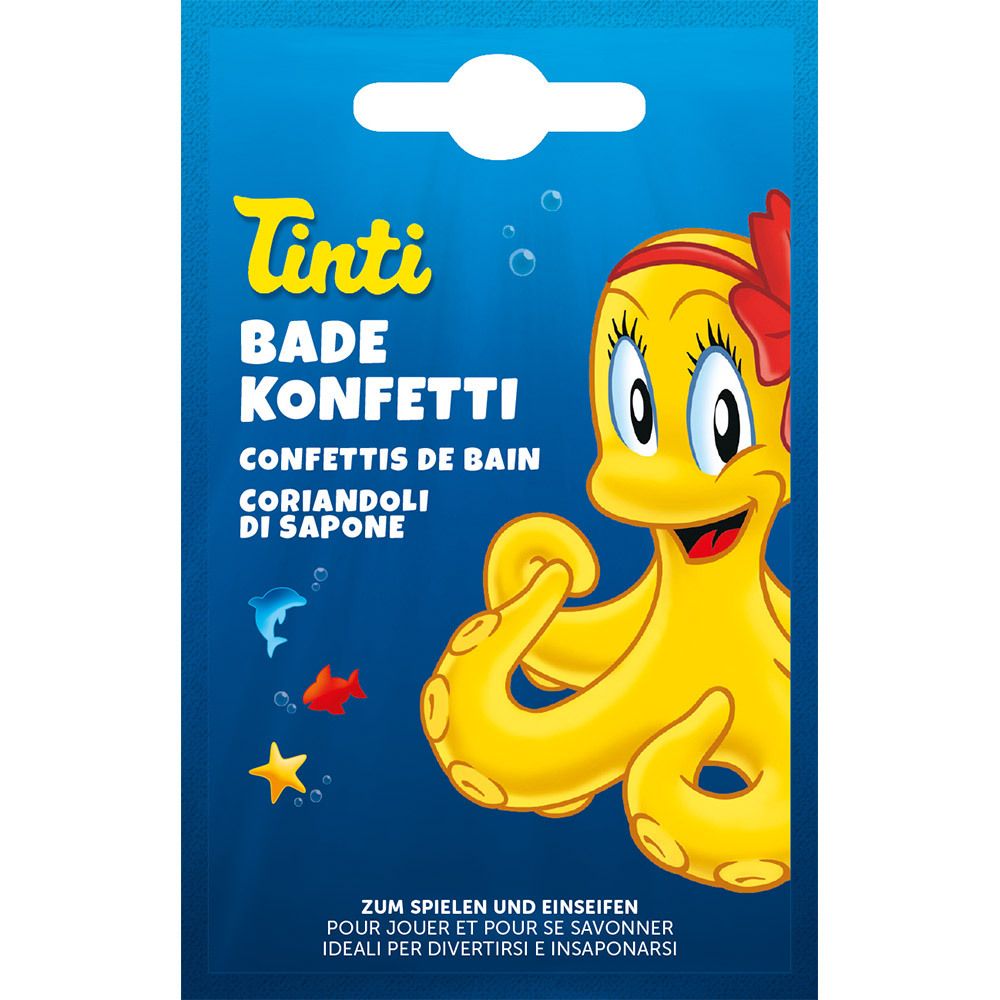 Emballage bleu et jaune avec texte "Tinti Bade Konfetti" et illustration de pieuvre. Contient des confettis de bain.