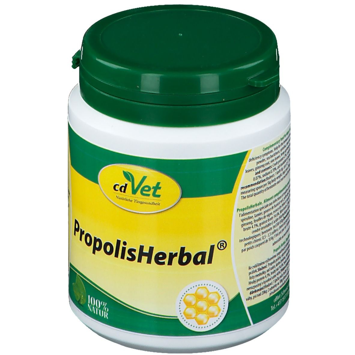 Récipient blanc avec couvercle vert. Inscription: cdVet PropolisHerbal®. Capsules jaunes illustrées. 100% naturel.