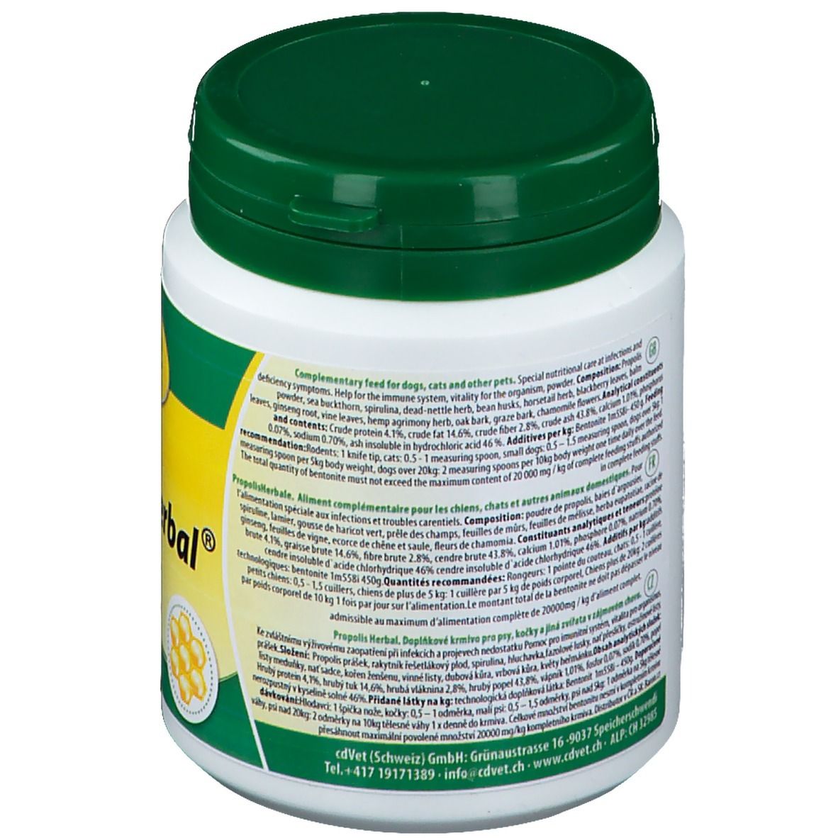 Dos du récipient blanc avec couvercle vert. Texte en plusieurs langues. Informations sur le produit et ingrédients.