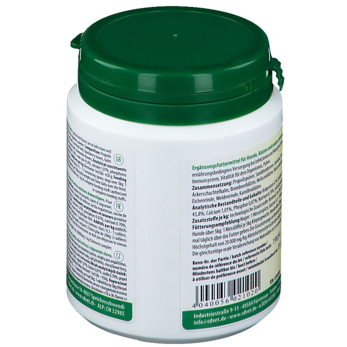 Vue latérale du récipient blanc avec couvercle vert. Texte en plusieurs langues. Informations sur le produit et ingrédients.
